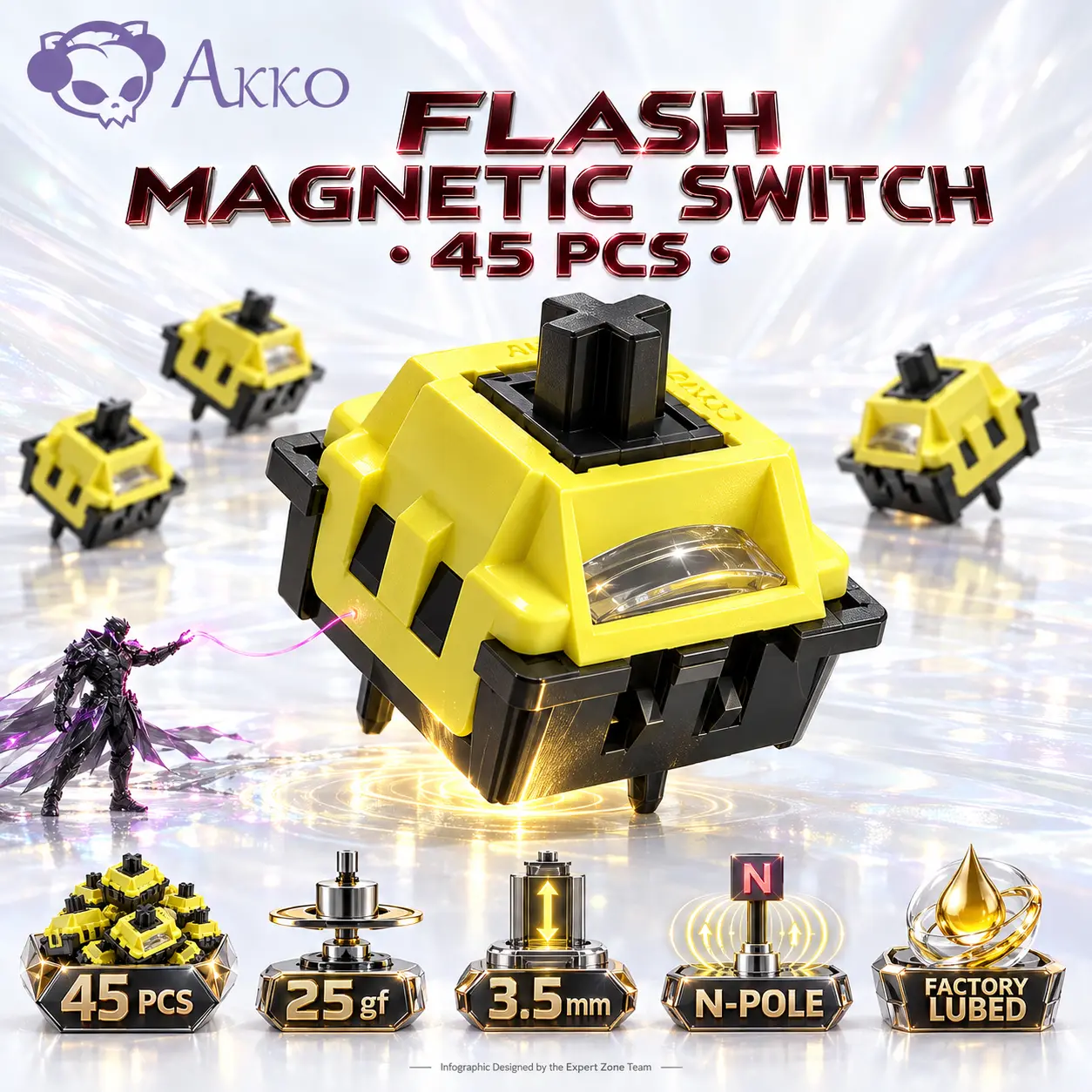 IMG_6abd08216b2dd.webp Akko Flash Magnetic Switch 45-Piece Pack, Linear Hall Effect, 25gf Initial Force, 3.5mm Travel, Factory-Lubed, N-Pole Down, 2-PIN Precision & Illuminated RGB Diffuser - Image 1