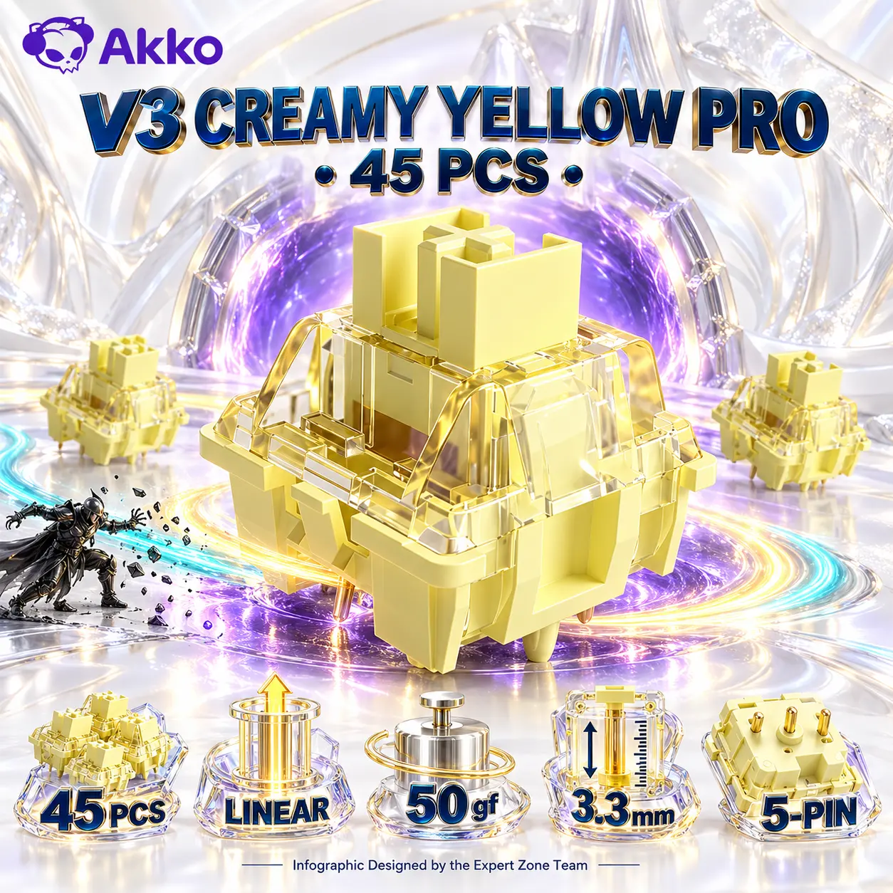 IMG_6abd10cb93014.webp Akko V3 Creamy Yellow Pro 45-Piece Linear Mechanical Switch Pack, 5-Pin Dustproof Stem for Mechanical Gaming Keyboard, 50gf Operating Force, 3.3mm Travel & Lubricated Rails - Image 1