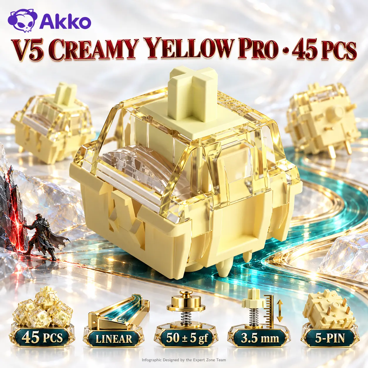 IMG_6abd21401863d.webp Akko V5 Creamy Yellow Pro 45-Piece Linear Mechanical Switches for Mechanical Gaming Keyboard, 50±5gf Force, 3.5mm Travel, 5-Pin MX Style, Factory Lubed & LED Diffuser - Image 1
