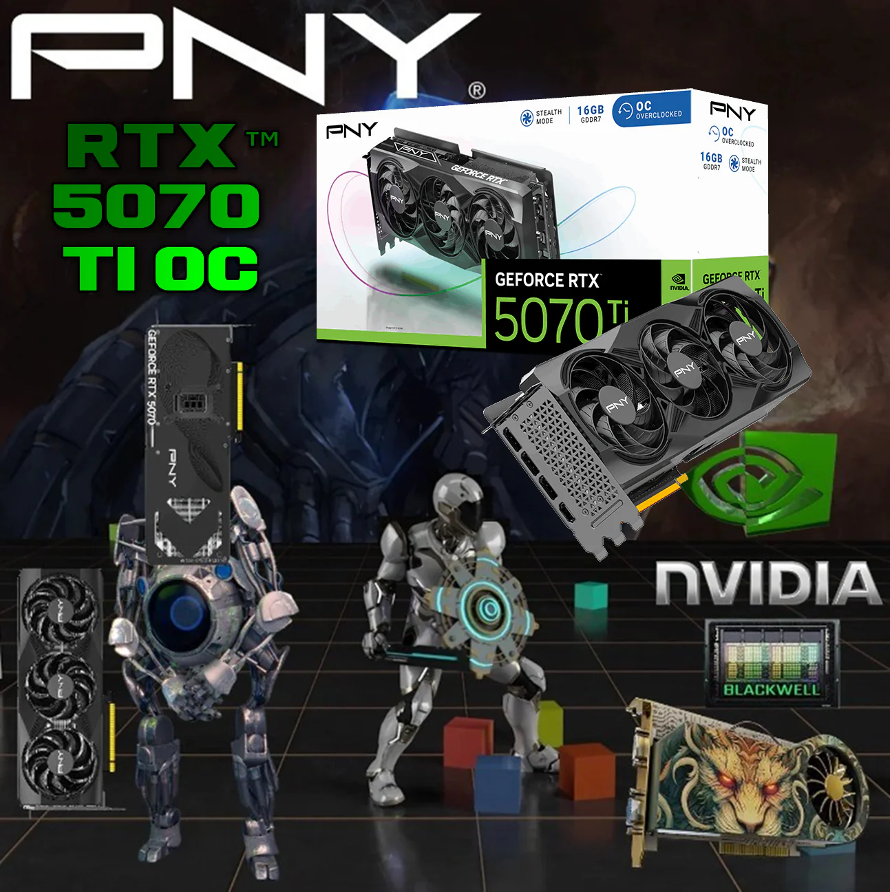 PNY-GeForce-RTX™-5070-Overclocked-Triple-Fan-GPU-ti-version.webp PNY GeForce RTX 5070 Ti OC 16GB GDDR7 Triple Fan 256-bit GPU With Blackwell Architecture, 8960 CUDA Cores, 28Gbps Speed, PCIe 5.0, 300W TDP, 4x Display Output, RGB Lighting , Stealth Mode | BLACK | 1 YEAR WARRANTY - Image 1