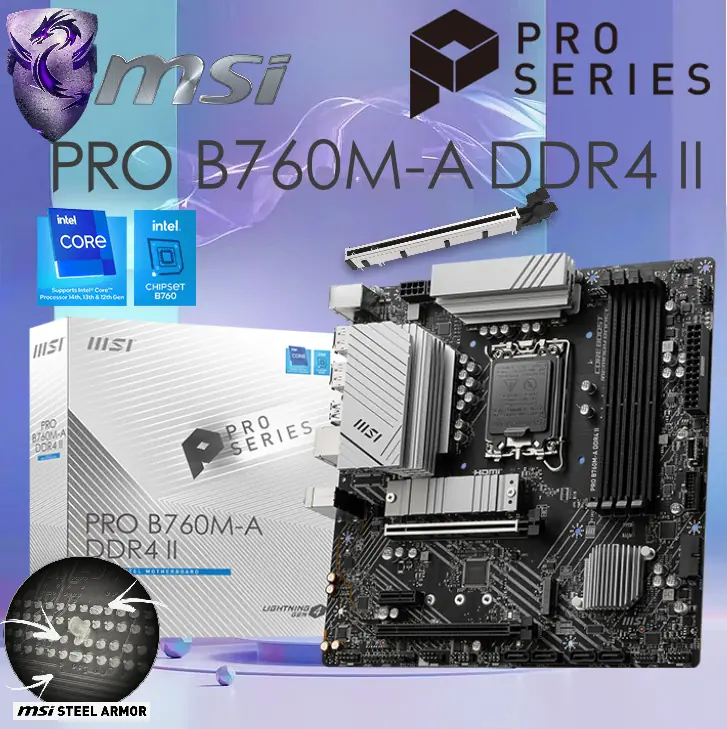 1739435314717-1.webp MSI PRO B760M-A DDR4 II mATX Motherboard LGA 1700 Support Intel® Core™ 14th/ 13th/ 12th Gen Processors ; PCIe 4.0 slot, Lightning Gen 4 x4 M.2 , Intel Turbo USB 3.2 Gen 2 ; 2.5G LAN | OPEN BOX - Image 1