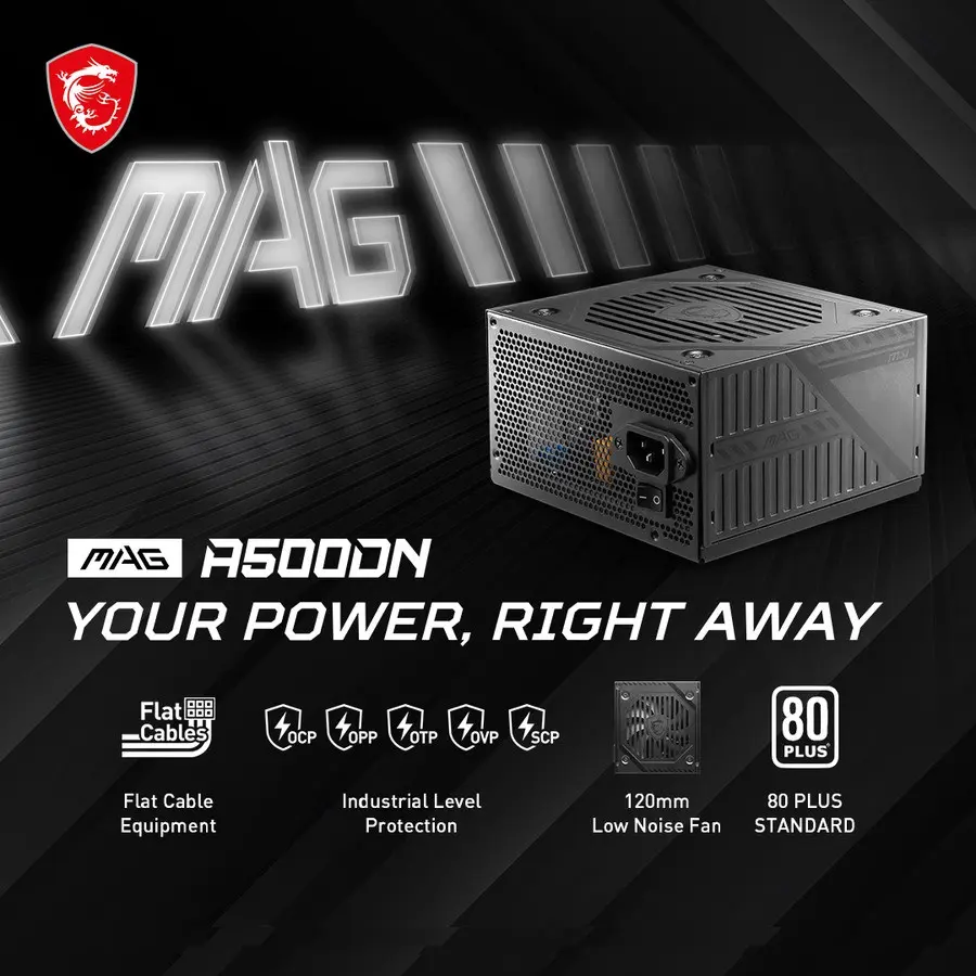 3a2da04f-c61c-4f3a-8e71-4f765c883f02.webp MSI MAG A500DN POWER SUPPLY 500W 80 PLUS, 120mm Fan , Industrial level protection with OCP, OVP, OPP, SCP , Active PFC Design , Flat Cable Equipment - BLACK - Image 1