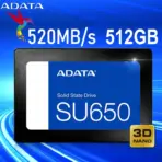 ADATA SU650 512GB SSD With 3D NAND, SATA 6Gb/s, Up To 520MB/s Read, 450MB/s Write, SLC Caching, ECC Support, SSD Toolbox & Cloning Utility Included