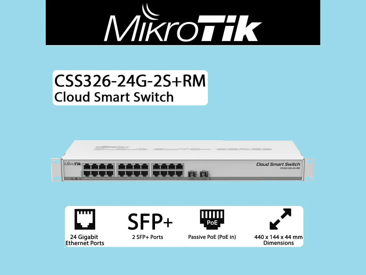 6798096870789879-789p.webp Mikrotik CSS326-24G-2S+RM 24 PORT Managed Gigabit Ethernet Supports Power Over Ethernet (PoE) 1U Network Switch, 2x SFP, White - Image 1