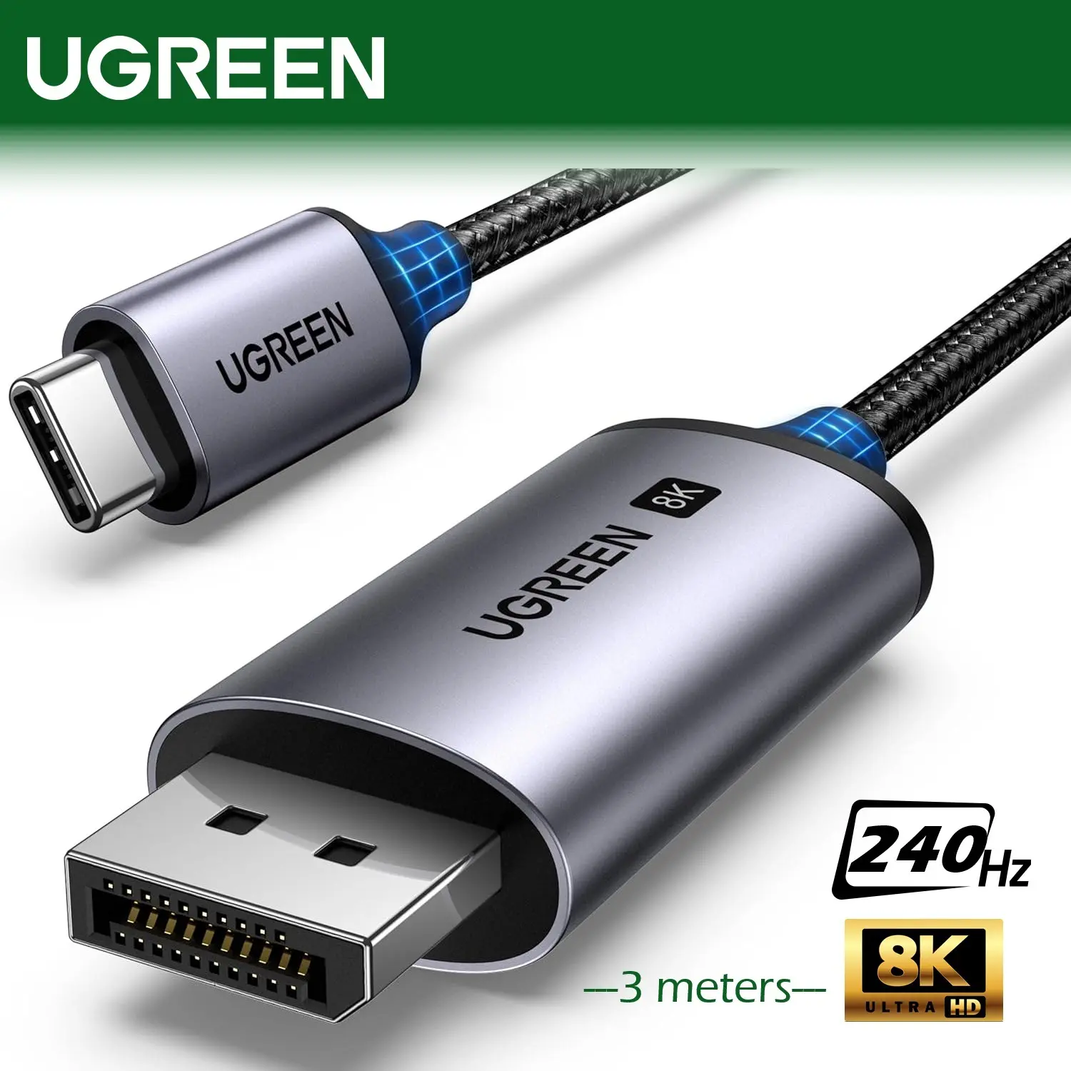 7Iix4Z.webp UGREEN USB C To DisplayPort 1.4 Cable 3 meters Supporting 8K@60Hz, 4K@240Hz, 32.4Gbps Bandwidth, HDR, MST Daisy Chain, VRR, ALLM, Braided Aluminum Design, Compatible With Thunderbolt 4/3 Devices - Image 1