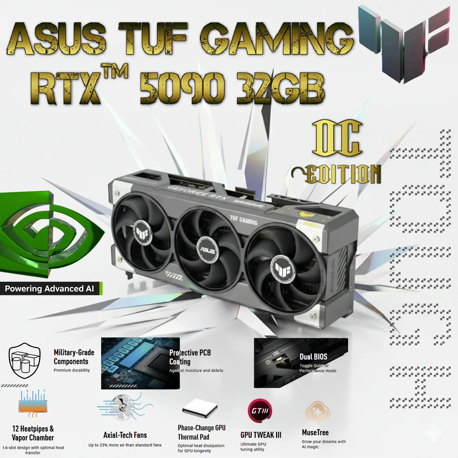 ASUS-TUF-Gaming-GeForce-RTX™-5090-32GB-GDDR7-OC-EDITION-1.webp ASUS TUF Gaming GeForce RTX 5090 32GB GDDR7 OC 2580MHz, 21760 CUDA, 512-Bit, PCIe 5.0, HDMI 2.1b, DP 2.1b, 3.6-Slot, ARGB, 1000W PSU Recommended, Dual BIOS & Military-Grade Durability - Image 1