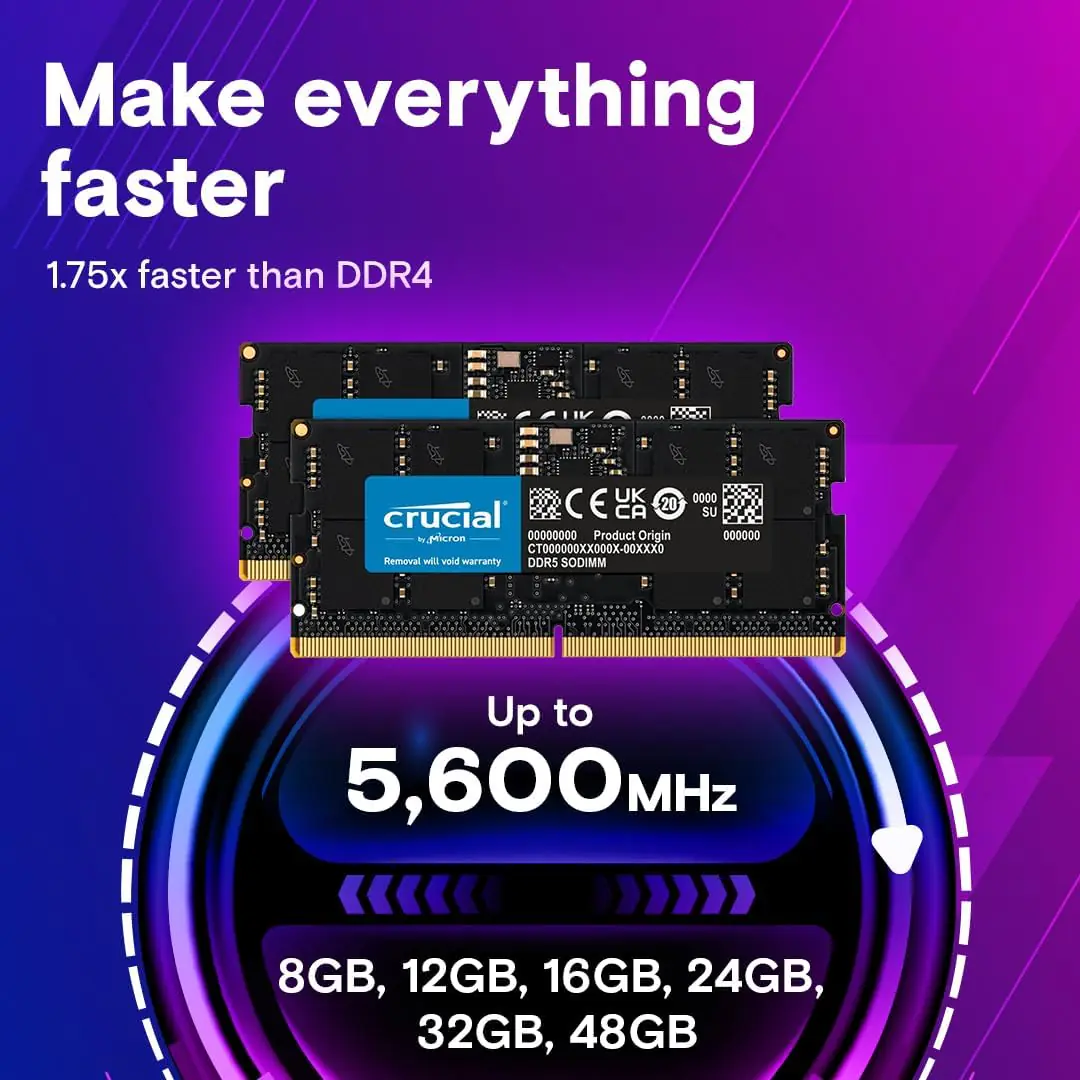Crucial-16GB-RAM-DDR5-5600MHz-Laptop-Memory-SODIMM-262-Pin-5.webp Crucial 16GB RAM DDR5 5600MHz (Down-clocking to 5200MHz or 4800Mhz) Laptop Memory, SODIMM 262-Pin, Compatible with Intel Core and AMD Ryzen Processors | CT16G56C46S5 - Image 1