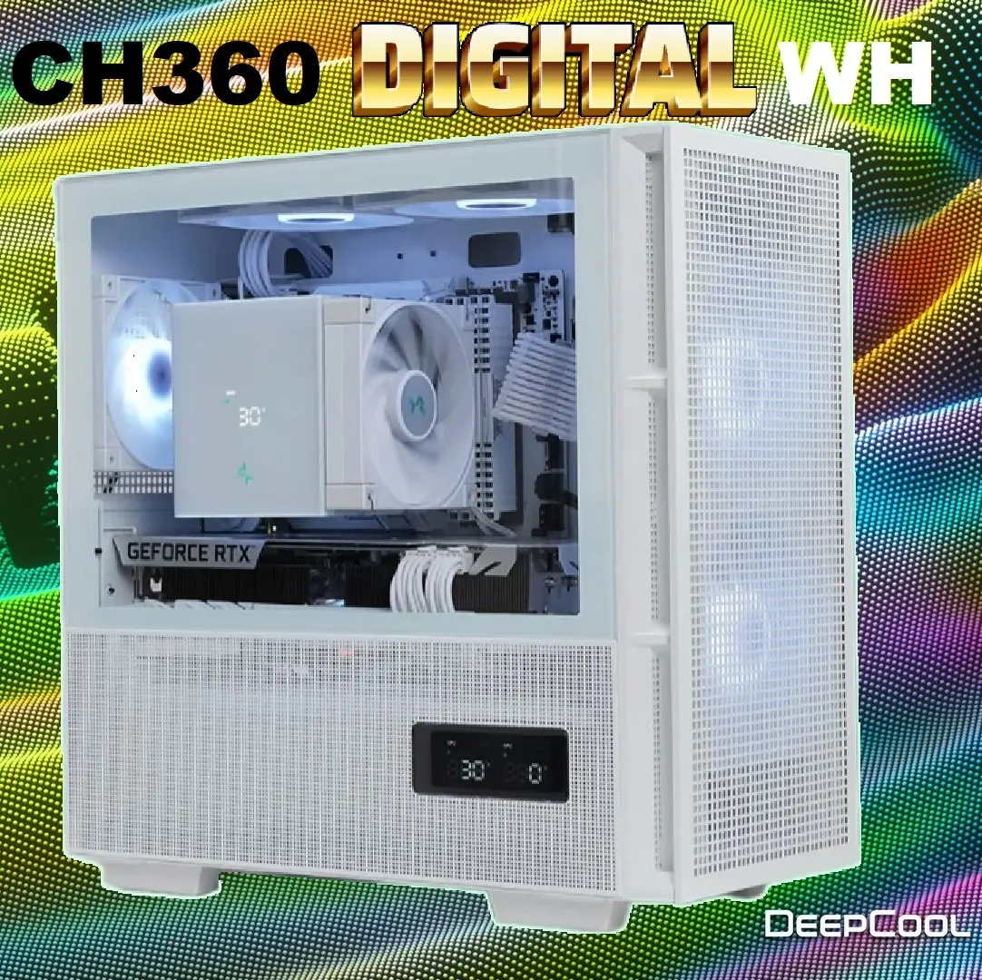 DEEPCOOL-CH360-DIGITAL-WH-ARGB-mATX-White-Gaming-Case-Glass-1.webp DEEPCOOL CH360 DIGITAL WH ARGB mATX White Gaming Case - Supports Mini-ITX / Micro-ATX - Build in One 120mm & Two 140mm ARGB Fans | REAL-TIME DUAL-STATUS DIGITAL DISPLAY | USB3.0, Audio , TYPE-C Front I/O Ports | Tempered Glass Window | WHITE R-CH360-WHAPE3D-G-1 - Image 1