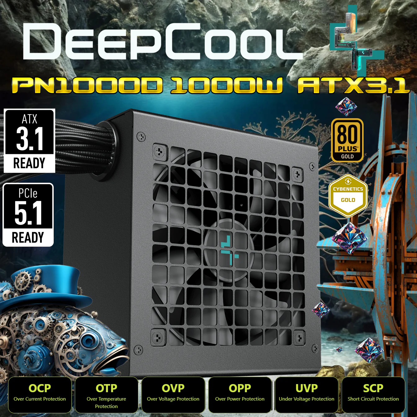 DeepCool-BG-sALAMANDER-PN-D-PSU-Series-1000-2.webp DeepCool PN1000D 1000W PSU ATX 3.1 & PCIe 5.1 Ready ATX12V V3.1 Non-Modular PSU With 80 Plus Gold, Cybernetics Gold, PCIe 5.1 12V-2x6 Cable, Sleeved Wires, Hydro Bearing Fan | Black - Image 1