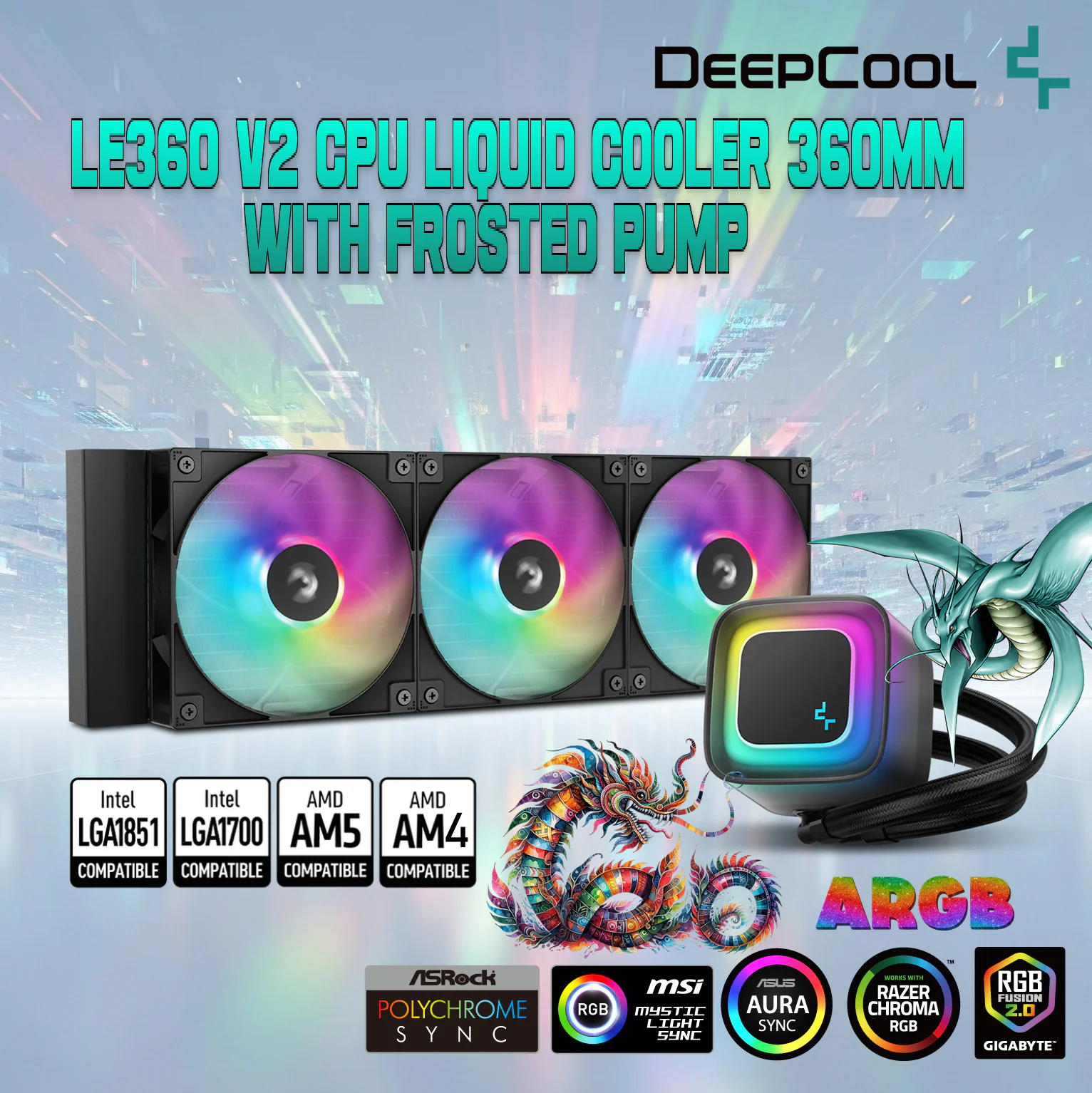 DeepCool-LE360-V2-Liquid-CPU-Cooler-360mm-Radiator-With-Frosted-Pump-ARGB-Fans.webp DeepCool LE360 V2 CPU Liquid Cooler 360mm Radiator With Frosted Pump 3x ARGB Fans Anti-Leak Tech PWM Control Intel LGA1851/1700/1200 AMD AM5/AM4 | Black - Image 1