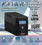KSTAR UA200 2000VA Line Interactive UPS With Double Boost Single Buck AVR, 1200W Output, Simulated Sinewave,  LCD Panel, Fast Charging, Network Protection, Four Output Sockets , 12V / 9Ah × 2 Batteries 