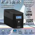 KSTAR UA200 2000VA Line Interactive UPS With Double Boost Single Buck AVR, 1200W Output, Simulated Sinewave,  LCD Panel, Fast Charging, Network Protection, Four Output Sockets , 12V / 9Ah × 2 Batteries 