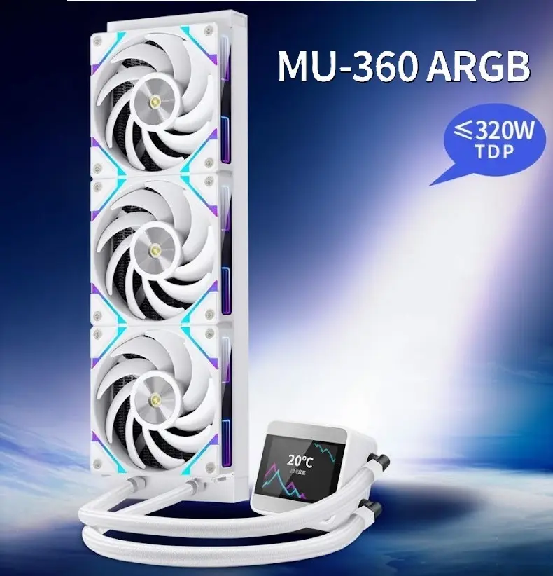 GRFDAS-1.webp SEGOTEP MU360 Liquid Cooler White 360mm AIO with 2.4-inch IPS Digital Display, Modular ARGB Fans, EPDM Tubing, 9-Pole Pump, <320W TDP Support for Intel and AMD Platforms - Image 1
