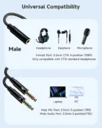 Headphone Splitter Mic Cable for Computer, 3.5mm Headphone Mic Stereo Y Splitter, Headset 3.5mm Female to 2 Dual Male Microphone Audio Jack Stereo Jack to Gaming Speaker PC Adapter - Image 7