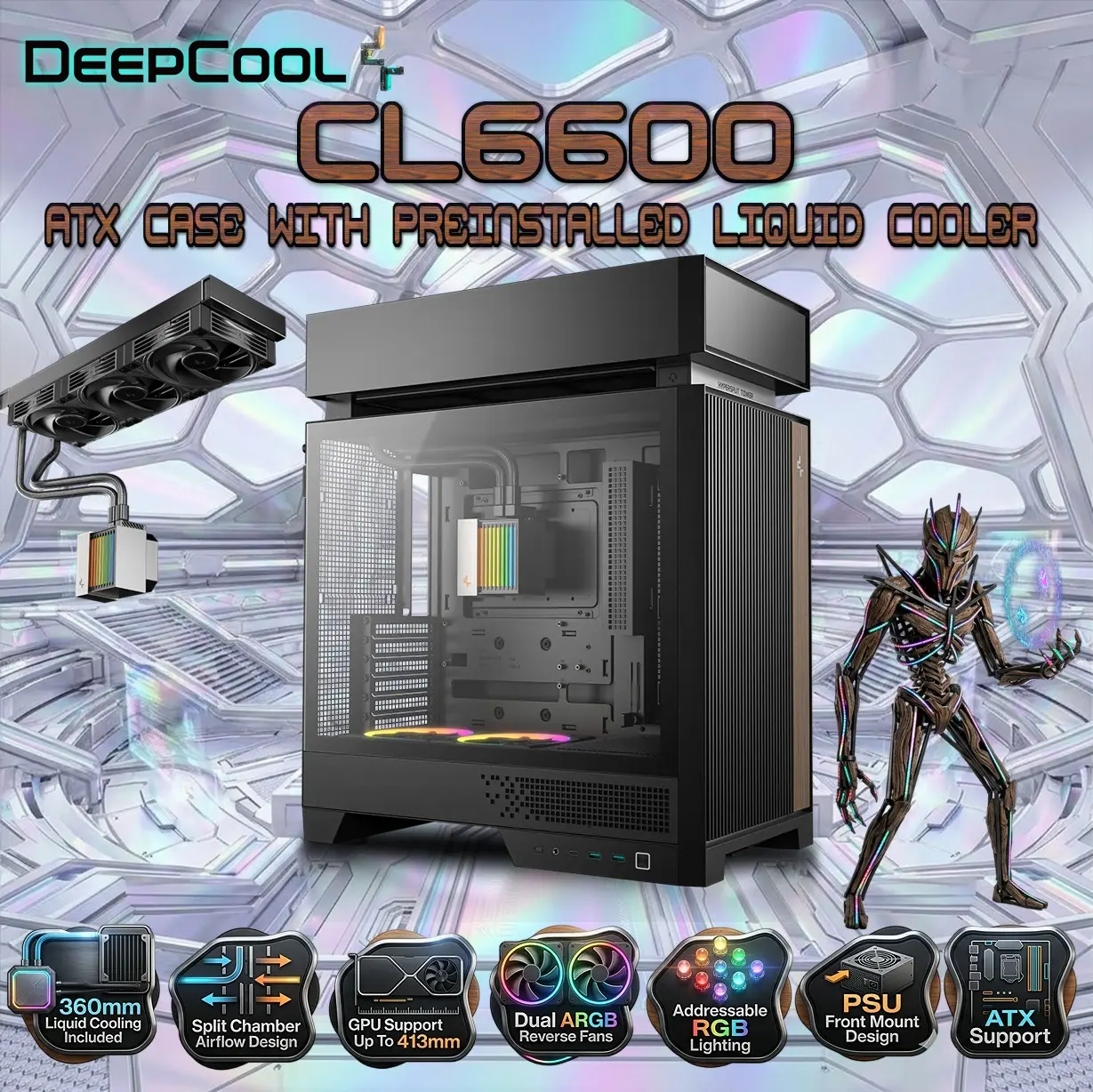 IMG_69c64e3217467-1.webp DeepCool CL6600 ATX Case With Preinstalled 360mm Liquid Cooler & Dual ARGB Fans, Split Chamber Design, 413mm GPU Support, FDB Fans, High Airflow Tempered Glass | WOOD/Black - Image 1