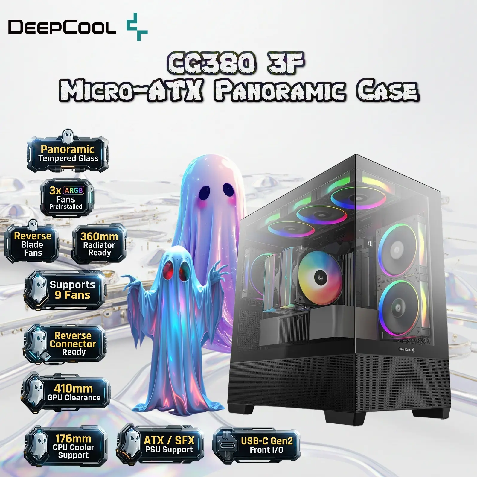 IMG_69ce93492568b.webp DeepCool CG380 3F Micro-ATX Panoramic Case, 3x ARGB Built-in Fans, Tempered Glass, USB-C Gen2, 360mm Radiator, 410mm GPU Clearance, Reverse Connector Support | BLACK - Image 1
