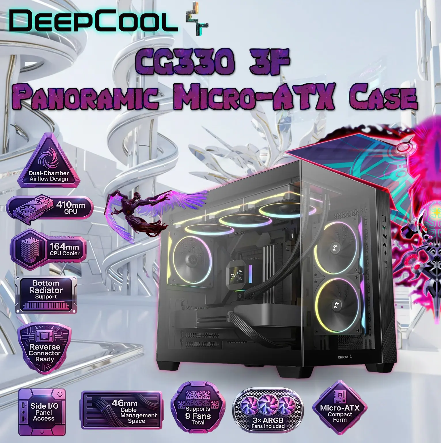 IMG_69cf8e480c8dc.webp DeepCool CG330 3F Panoramic Micro-ATX Case, Dual-Chamber Airflow, 3 ARGB Build-in Fans, 410mm GPU Support, 360mm Radiator Support, 46mm Cable Space, Tempered Glass, Compact High Airflow Design | BLACK - Image 1