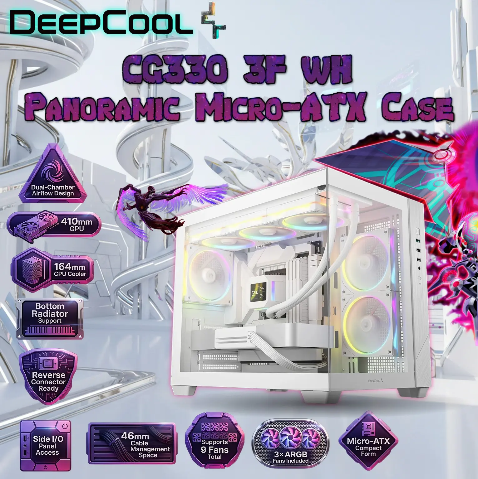 IMG_69cf98f99baa0.webp DeepCool CG330 3F WH Panoramic Micro-ATX Case, Dual-Chamber Airflow, 3 ARGB Build-in Fans, 410mm GPU Support, 360mm Radiator Support, 46mm Cable Space, Tempered Glass, Compact High Airflow Design | WHITE - Image 1