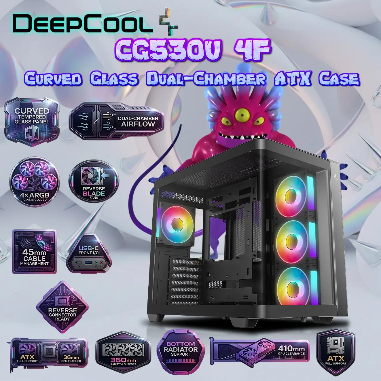 IMG_69cfd53f05a67.webp DeepCool CG530U 4F Curved Glass Dual-Chamber ATX Case, 4 ARGB Build-in Fans, 410mm GPU Support, 360mm Radiator Support, 45mm Cable Space, USB-C, High Airflow Showcase | BLACK - Image 1