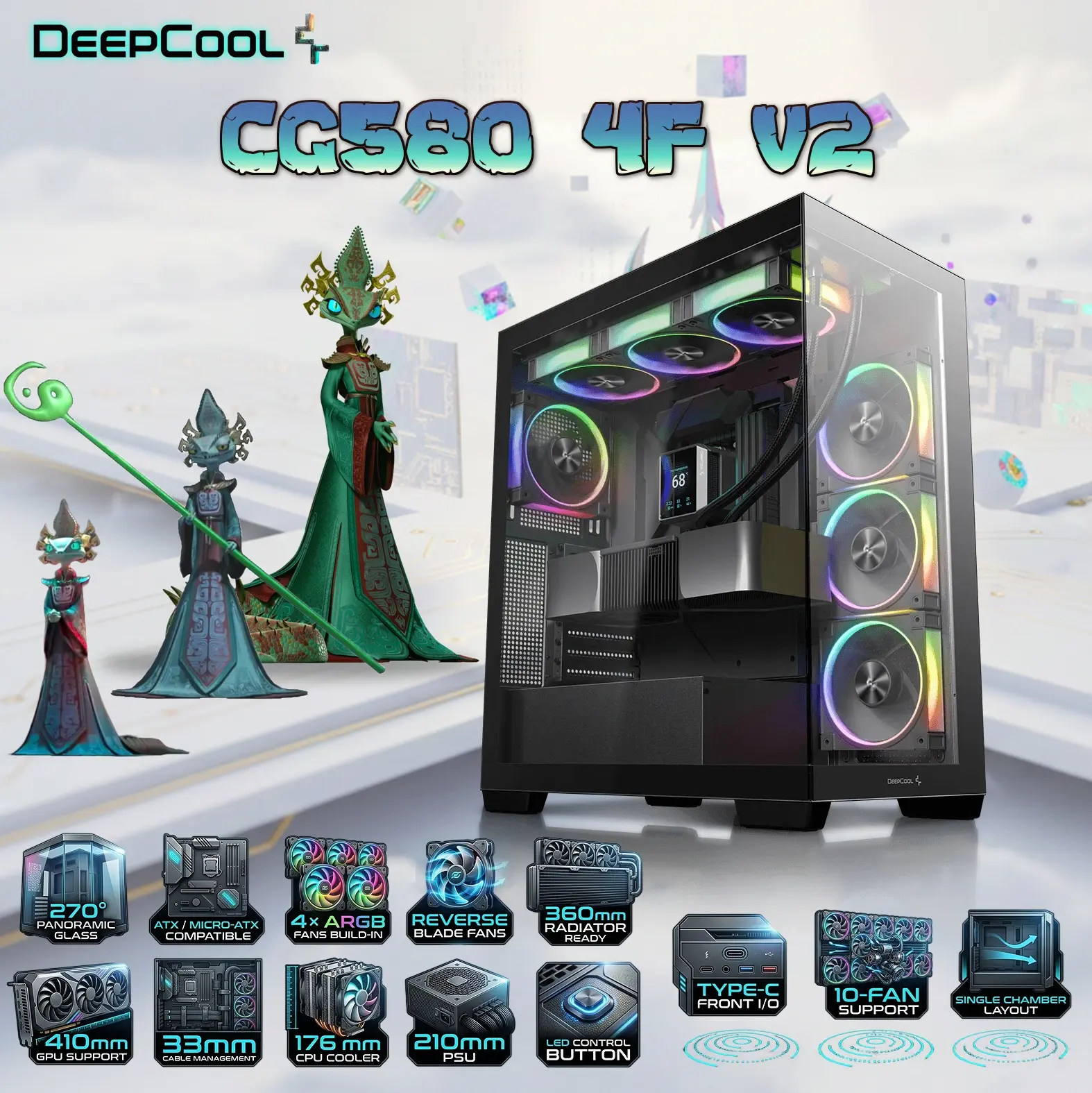 IMG_69d4dfb2063d6-1.webp DeepCool CG580 4F V2 ATX Case with 270 Degree Tempered Glass, 4 ARGB Build-in Fans, 360mm Radiator Support, 410mm GPU Support, Type C, Single Chamber, 33mm Cable Management | BLACK - Image 1