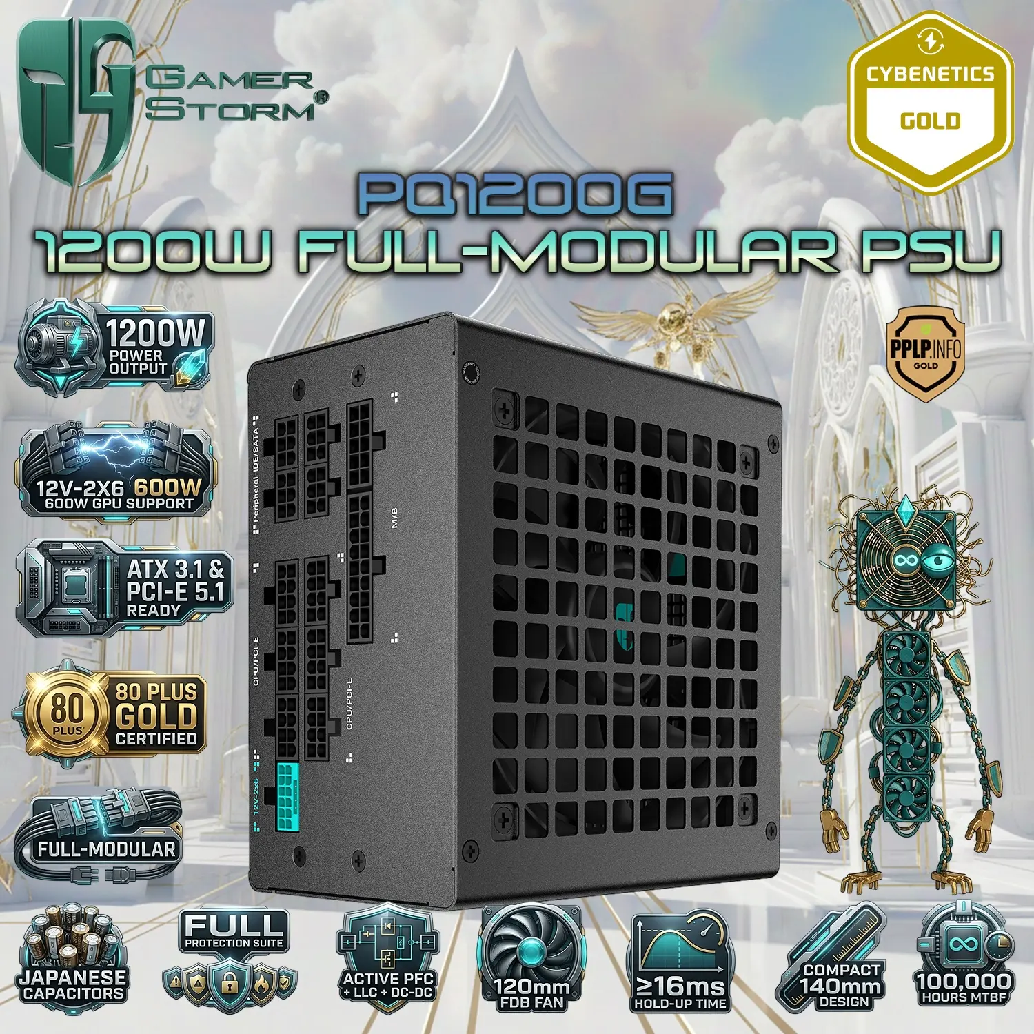 IMG_69d5038bb4980-6.webp GamerStorm by DeepCool PQ1200G 1200W ATX 3.1 PCI-E 5.1 FULL-MODULAR Power Supply, 80 Plus Gold, 12V-2x6 600W GPU Ready, Japanese Capacitors, FDB Fan, Full Protections, 140mm Compact | BLACK - Image 1