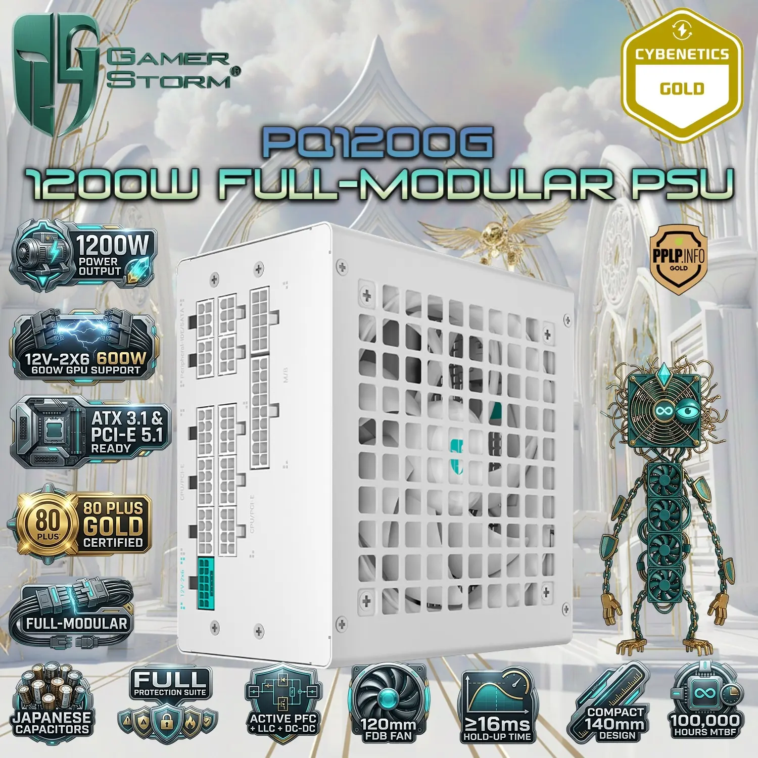 IMG_69d50739d643d-4.webp GamerStorm by DeepCool PQ1200G WH 1200W ATX 3.1 PCI-E 5.1 FULL-MODULAR Power Supply, 80 Plus Gold, 12V-2x6 600W GPU Ready, Japanese Capacitors, FDB Fan, Full Protections, 140mm Compact | WHITE - Image 1