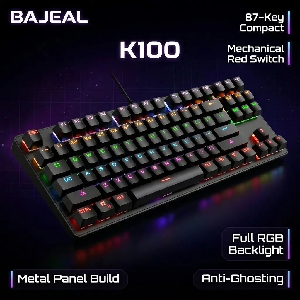 IMG_69e24868929c3.webp Bajeal K100 Black 87-Key Mechanical Gaming Keyboard Red Switch Full RGB Backlight Metal Panel Anti-Ghosting USB Wired Compact Layout Ergonomic Design For Windows PC Gamers - Image 1