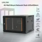 Unilink 4U Wall Mount Network Rack 600x450mm With Glass Door, 80KG Load, SPCC Steel Build, Cable Management, Fan Support, IP20 Cabinet For Networking AV Telecom Systems