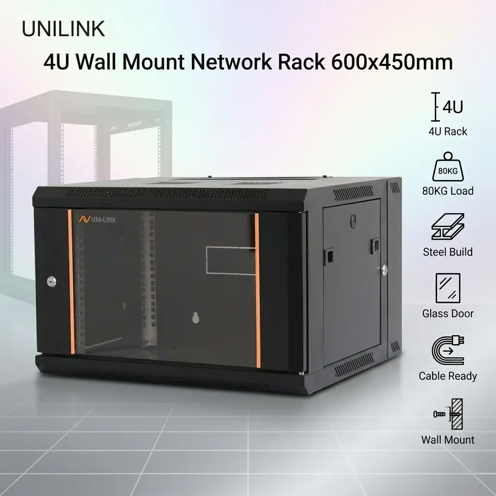 IMG_69e5e8830e5af.webp Unilink 4U Wall Mount Network Rack 600x450mm With Glass Door, 80KG Load, SPCC Steel Build, Cable Management, Fan Support, IP20 Cabinet For Networking AV Telecom Systems - Image 1