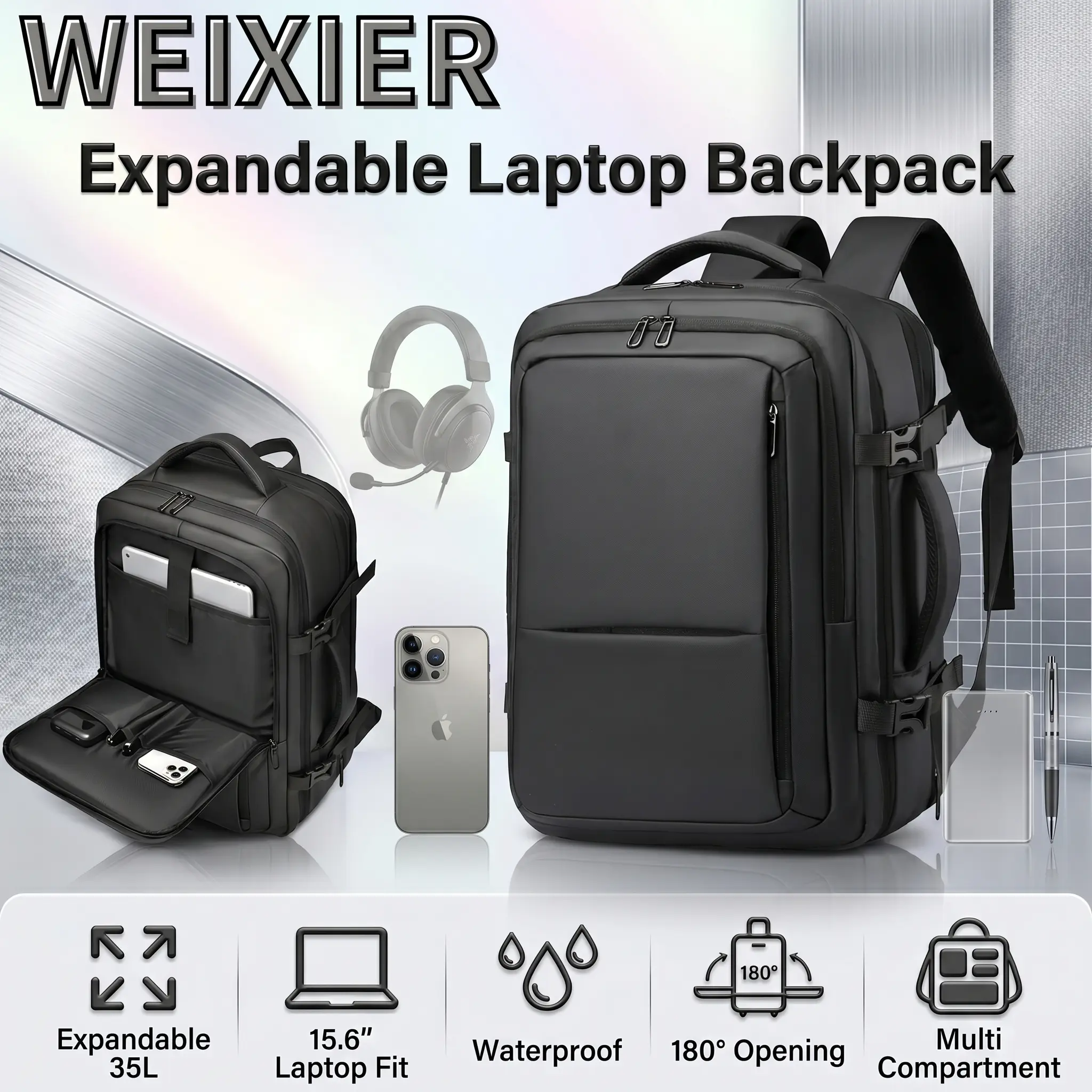 IMG_69f8b0593110d-1.webp WEIXIER Expandable Laptop Backpack , 20–35L , 15.6 Inch Laptop Padded Sleeve , Tech Accessories Compartments , Waterproof 900D Oxford, 180° Opening, Dry Wet Separation | BLACK - Image 1