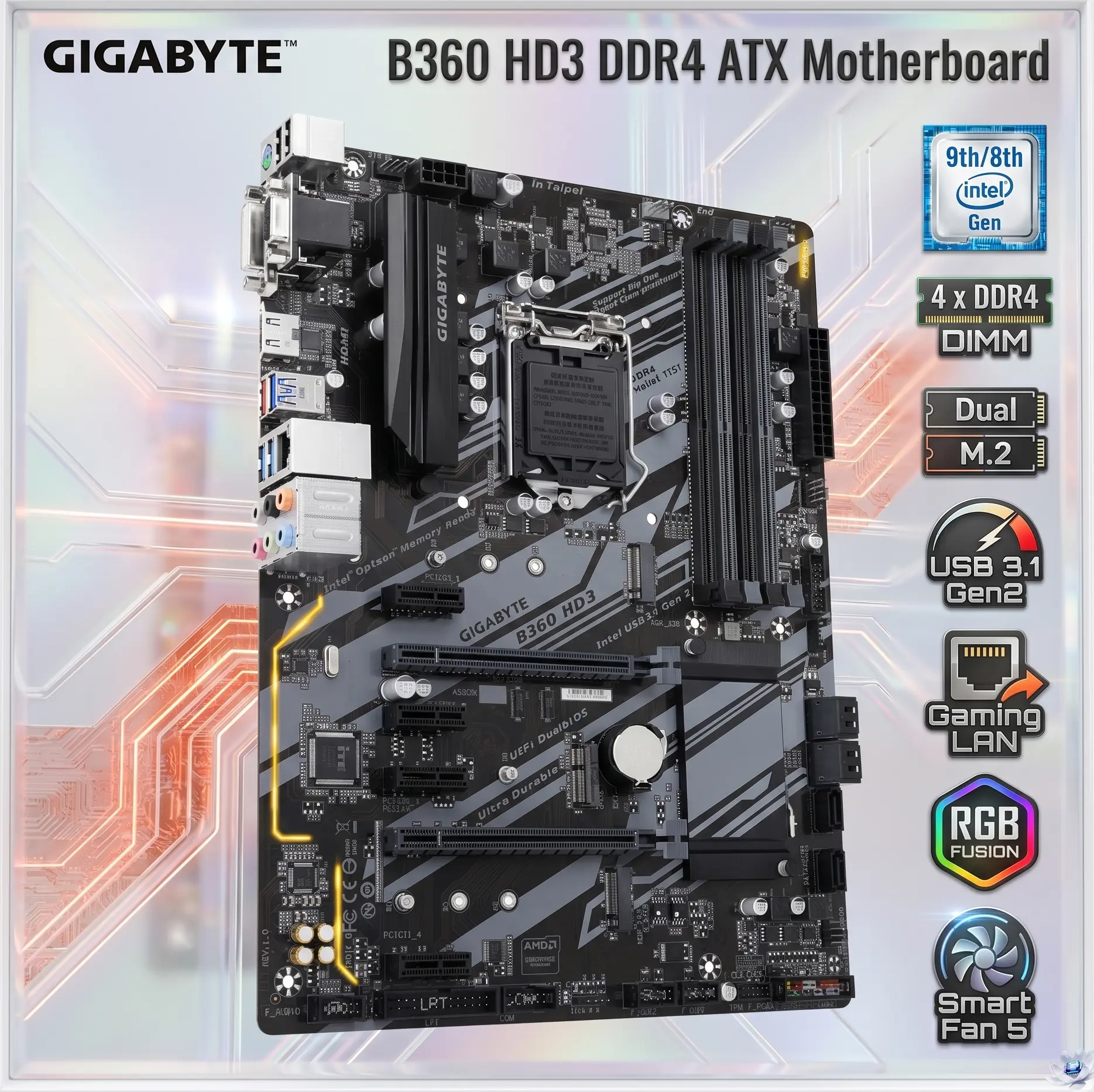 IMG_6a1ee344c6fc1-1.webp GIGABYTE B360 HD3 ATX DDR4 Motherboard, LGA1151, For 9th/8th Gen Intel, 4 x DDR4 DIMMs 64GB, Dual M.2, USB 3.1 Gen2, HDMI, RGB Fusion, Gaming LAN | Rev. 1.0 ~ REFURBISHED - Image 1