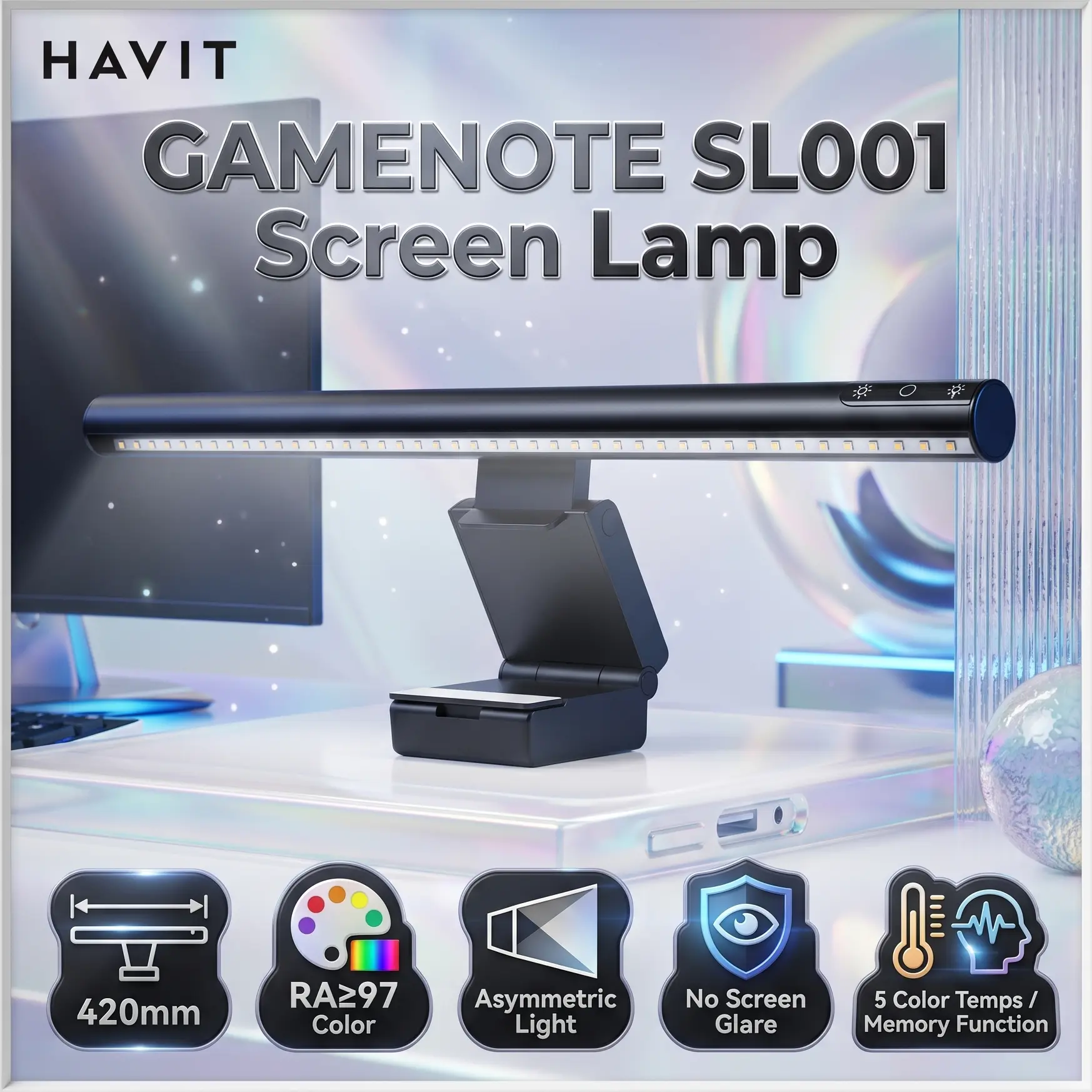 IMG_6a1f00ac5a7ef.webp HAVIT GAMENOTE SL001 Screen Lamp With Asymmetric Light, RA≥97 Color Rendering, 5 Color Temperatures, 3 Brightness Levels, 48 LEDs, USB 5V Power, Memory Function. - Image 1
