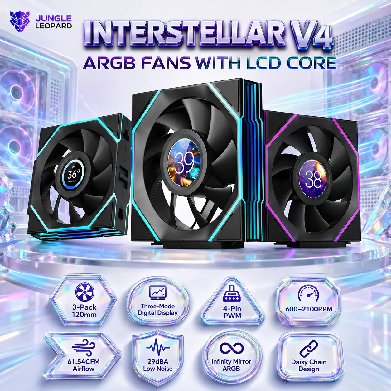 IMG_6a216ee6c11b1.webp Jungle Leopard Interstellar V4 3-Pack 120mm ARGB Case Fans with LCD Core , 4-Pin PWM, Infinity Mirror, Daisy Chain, 61.54CFM, 29dBA, 600–2100RPM | BLACK ~ FORWARD - Image 1