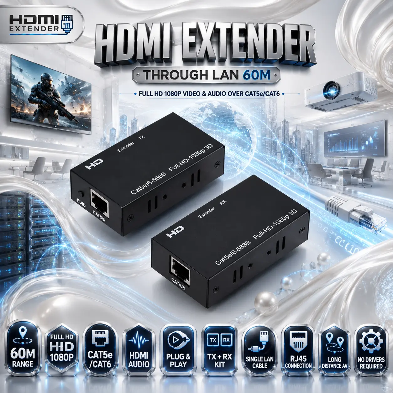 IMG_6a39394728ca8-1.webp HDMI Extender Through LAN 60M Kit, Full HD 1080p Video & Audio Transmission Over Single Cat5e/Cat6 Cable, Plug & Play TX/RX Solution For AV, Projectors & Digital Signage - Image 1