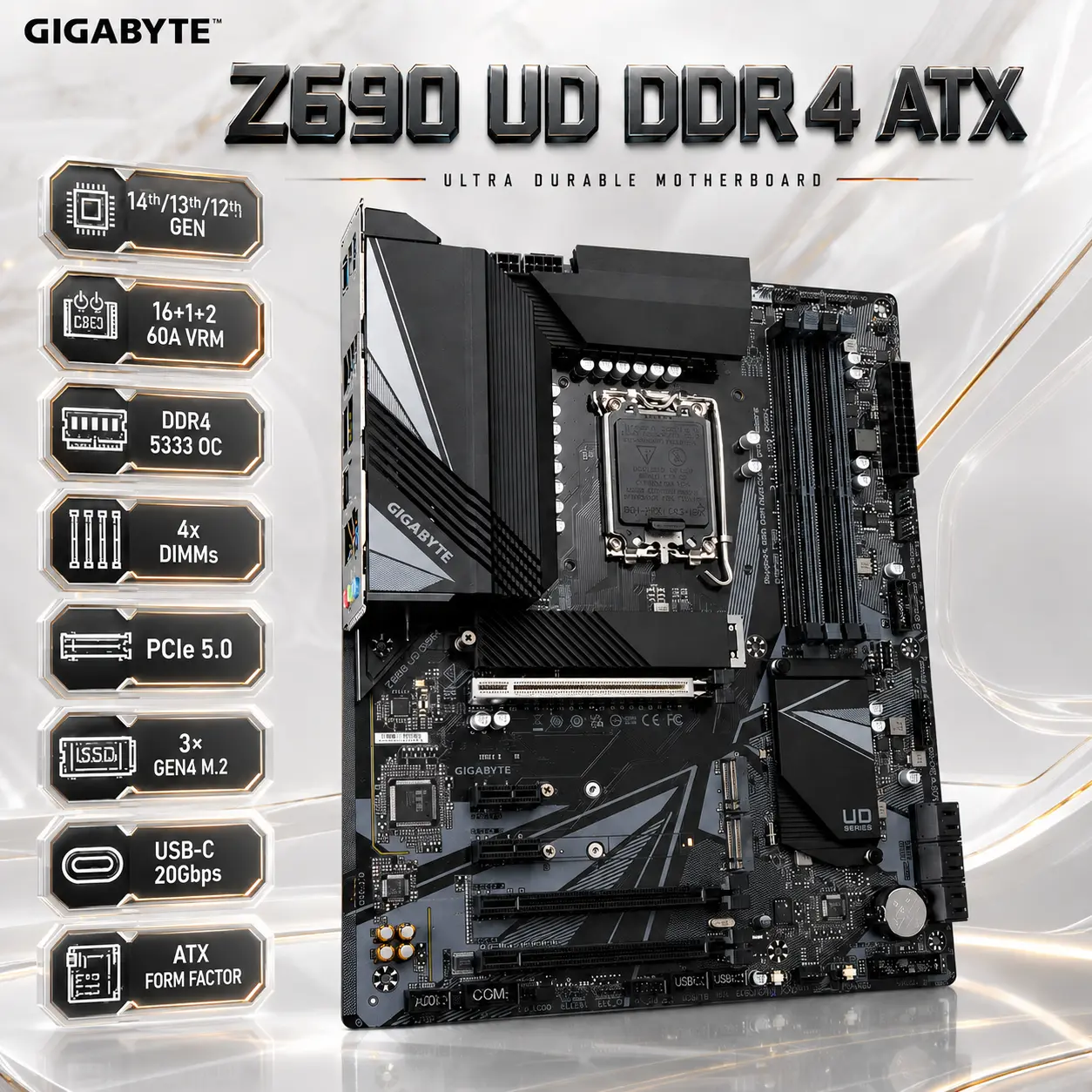 IMG_6a3a7bed9fc96-1.webp GIGABYTE Z690 UD DDR4 ATX Motherboard, LGA1700, 4x DDR4-5333 OC, PCIe 5.0, Triple Gen4 M.2, 2.5GbE, USB-C 20Gbps, Smart Fan 6, Q-Flash Plus, for 14th/13th/12th Gen | OPEN BOX - Image 1