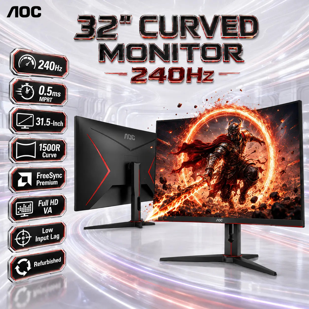 IMG_6a3aaaee48859.webp AOC 31.5-Inch Curved Gaming Monitor, FHD VA, 240Hz, 0.5ms MPRT, FreeSync Premium, 1500R, HDMI, DisplayPort, VGA, VESA | REFURB / 1 MONTH WARRANTY ~ C32G2ZE/BK - Image 1