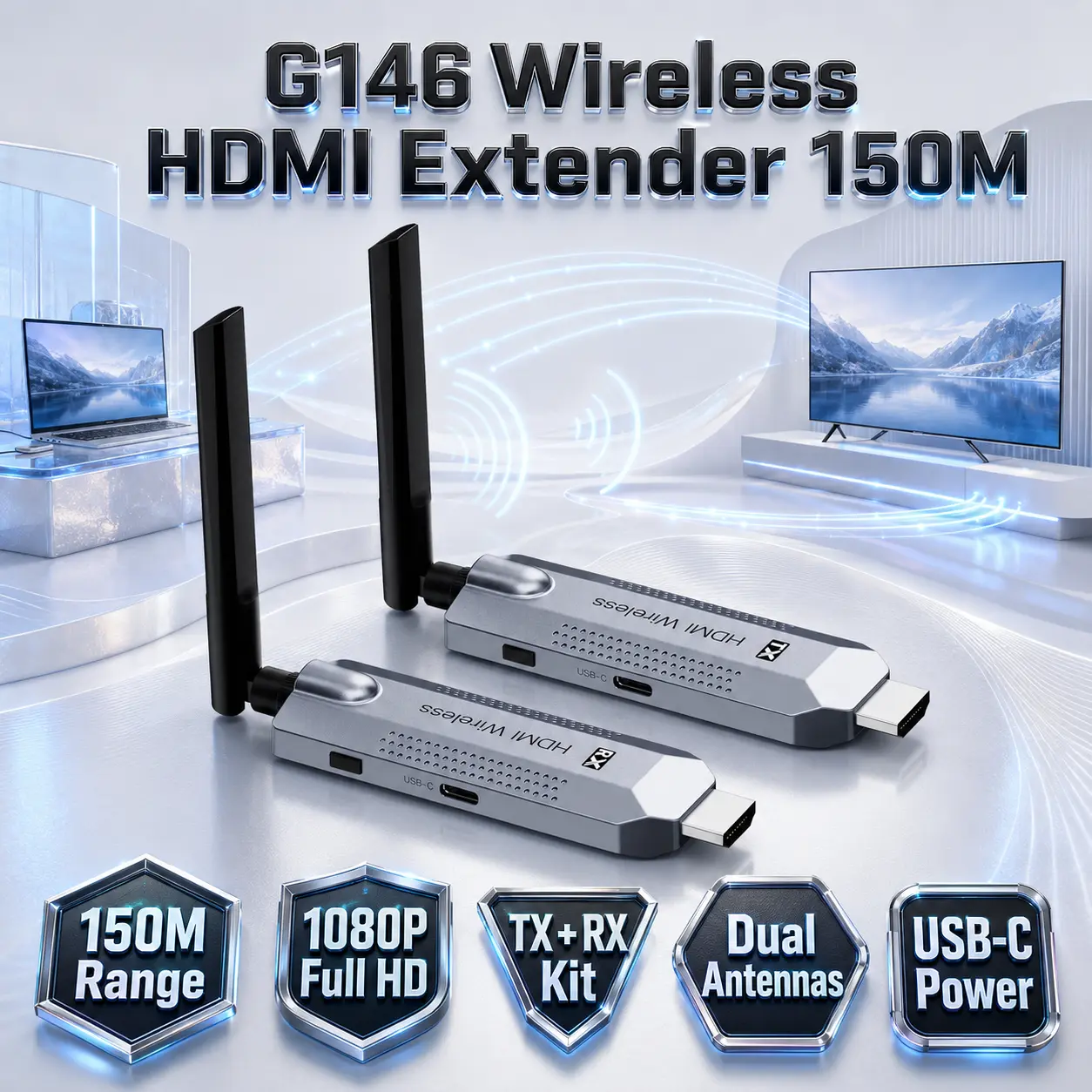 IMG_6a3bc0417e2dd-1.webp G146 Wireless HDMI Extender 150M, Full HD 1080P Transmitter & Receiver Kit With Dual Antennas, HDMI Connectivity, USB-C Power Ports and Durable Plastic Housing for Computer and HDTV - Image 1