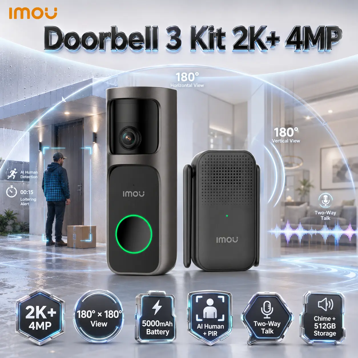 IMG_6a3bca47f051a.webp IMOU Doorbell 3 Kit 2K+ 4MP Panoramic Battery Video Doorbell With 5000mAh Battery, 180° × 180° Fisheye View, AI Human and Loitering Detection, Two-Way Talk, Chime and 512GB Storage - Image 1