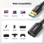 UGREEN 3 meters USB 3.0 Extension Cable, USB-A Male to Female, 5Gbps Data Transfer, Up to 2A Charging, Gold-Plated Connectors, Plug-and-Play | 30127 Black  - Image 5