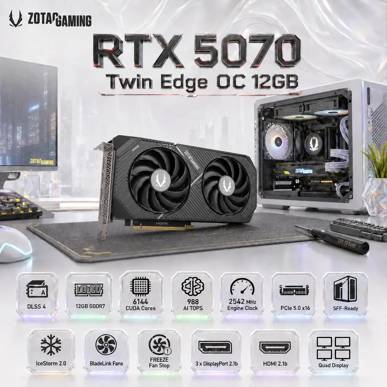 IMG_6a50b25196e7b.webp ZOTAC GAMING GeForce RTX 5070 Twin Edge OC 12GB Graphics Card, Compact Dual-Fan SFF-Ready, PCIe 5.0 x16, DLSS 4 AI 3 x DP 2.1b, HDMI 2.1b, IceStorm 2.0, 12V-2x6, Quad Display - Image 1