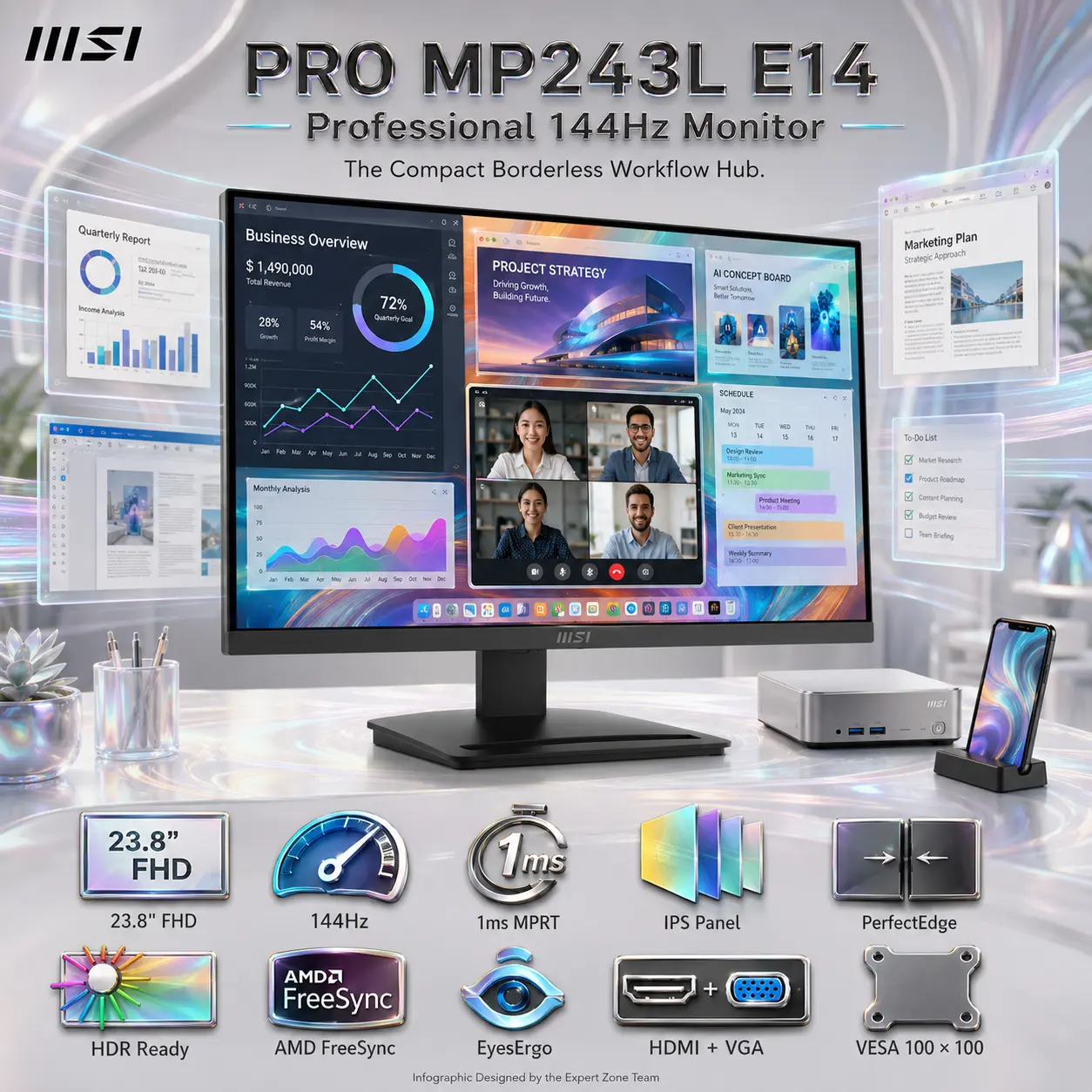 IMG_6a562b6d1cde7.webp MSI PRO MP243L E14 23.8-Inch FHD 144Hz IPS Business Monitor, 1ms MPRT, HDR Ready, AMD FreeSync, PerfectEdge, EyesErgo, HDMI, VGA, VESA Mount & MSI Power Link - Image 1