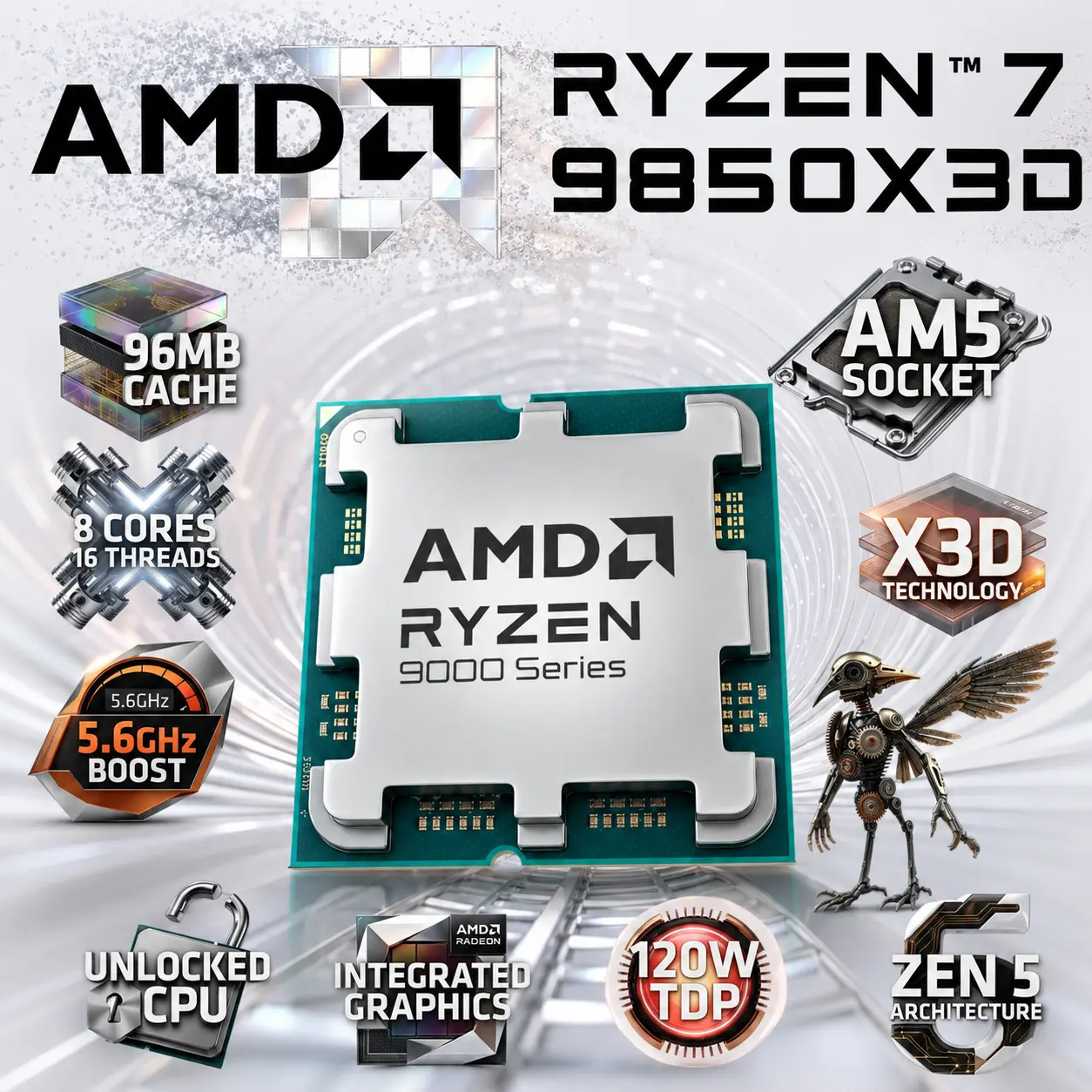 IMG_6a5b60b0866f6.webp AMD Ryzen 7 9850X3D AM5 Desktop Processor, 8 Cores 16 Threads, Up To 5.6GHz Boost, 96MB Cache, DDR5 256GB Support, PCIe 5.0, Integrated Radeon Graphics, Unlocked TRAY CPU - Image 1
