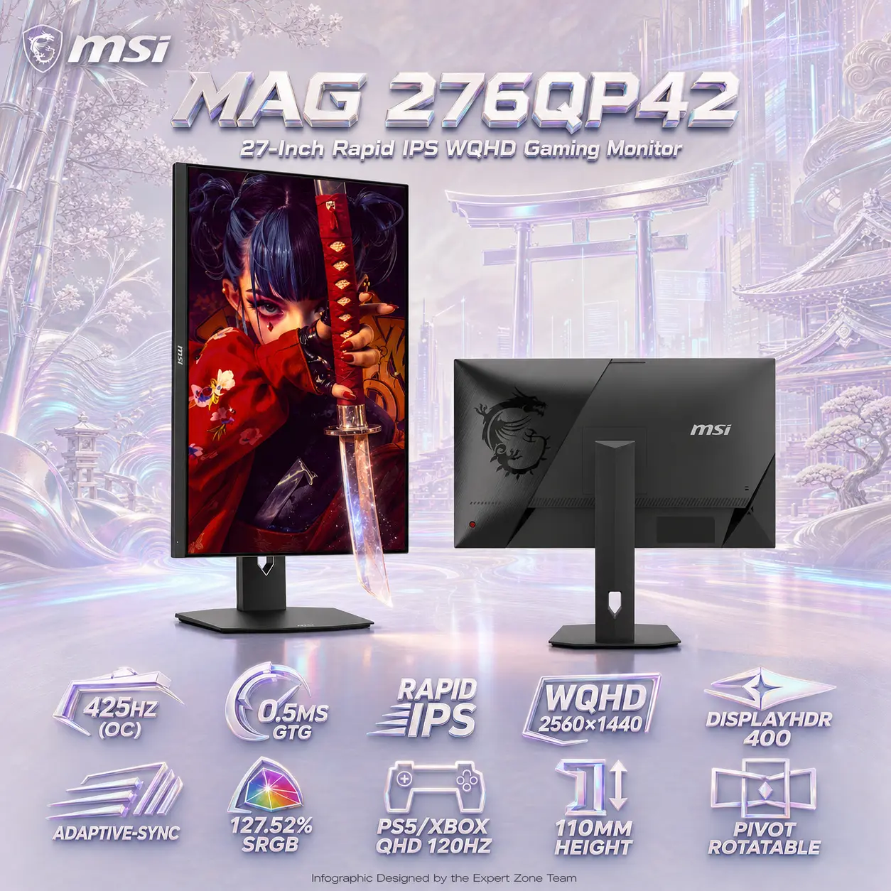 IMG_6a60ef7f03fb1.webp MSI MAG 276QP42 27-Inch Rapid IPS WQHD Gaming Monitor, 425Hz OC, 0.5ms GtG, DisplayHDR 400, Adaptive-Sync, HDMI 2.1, DP 1.4a, PS5/Xbox 120Hz & 110mm Height, Pivot, PIP/PBP - Image 1