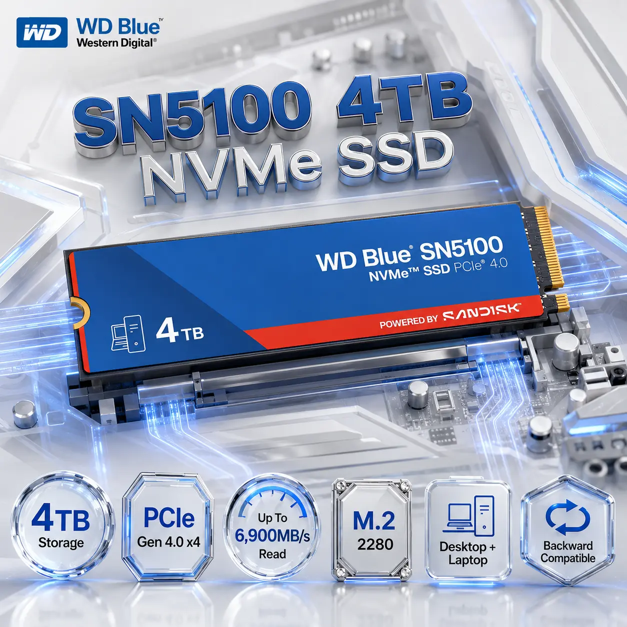 IMG_6a631ba75fd02.webp WD Blue SN5100 4TB NVMe SSD, M.2 2280, PCIe Gen 4.0 x4, Up To 6,900MB/s Read, Internal Solid-State Storage For Compatible Desktop PCs & Laptops - Image 1