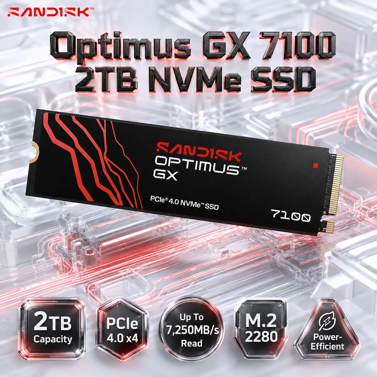 IMG_6a6331539586e-2.webp SanDisk Optimus GX 7100 2TB PCIe 4.0 x4 NVMe 2.0 M.2 2280 SSD, Up to 7,250/6,900MB/s, No Heatsink – SDSP71200TAN-000E0 - Image 1
