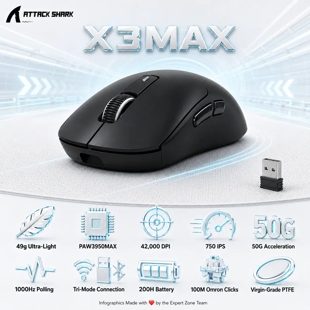 IMG_6a6c91ff5f6f9-1.webp Attack Shark X3MAX Wireless Gaming Mouse – 49g, PAW3950MAX, 42,000 DPI, 750 IPS, 50G, 1000Hz, Tri-Mode, 200H Battery, Omron Optical Switches, PTFE Feet and Web Driver Support | BLACK - Image 1