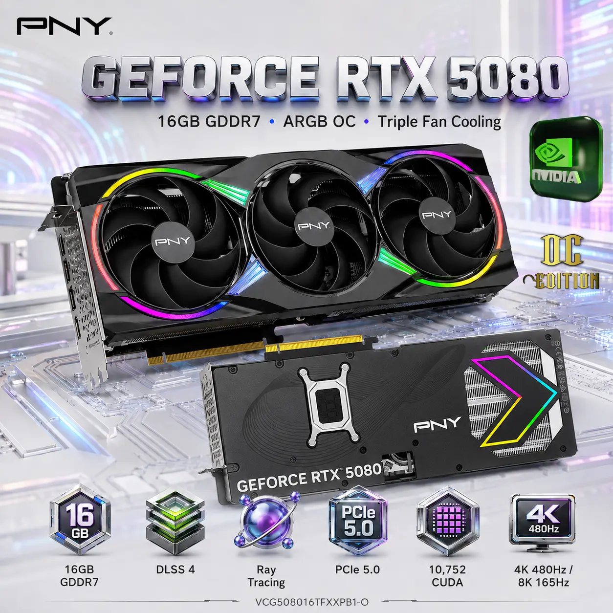 IMG_6a70b64756f6e.webp PNY GeForce RTX 5080 16GB GDDR7 ARGB Overclocked GPU With Triple Fan Cooling, DLSS 4, Ray Tracing, PCIe 5.0, 10,752 CUDA, 2775 MHz Boost, DisplayPort 2.1, 4K 480Hz Or 8K 165Hz Output | VCG508016TFXXPB1-O - Image 1