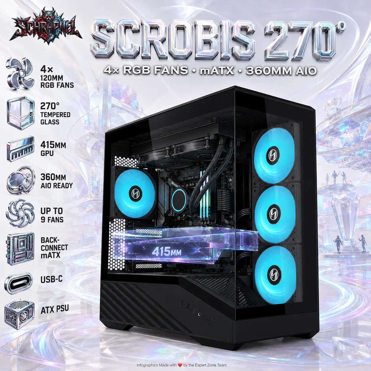 IMG_6a7601e8ef2d2.webp Schrapnel Scrobis 270° mATX Gaming Case, 4× 120mm RGB Built-in Fans, 270° Dual Tempered Glass, 415mm GPU, 360mm AIO, Back-Connect mATX, USB-C, ATX PSU Support | BLACK - Image 1