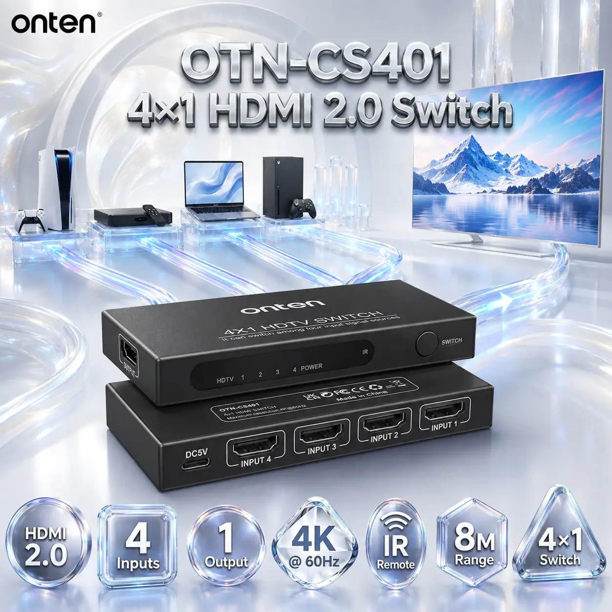 IMG_6a830a060b810.webp ONTEN OTN-CS401 4×1 HDMI 2.0 Switch – 4 HDMI Inputs to 1 Output, 4K@60Hz Ultra HD, Manual Source Switching & IR Remote Control With Up to 8M Range - Image 1