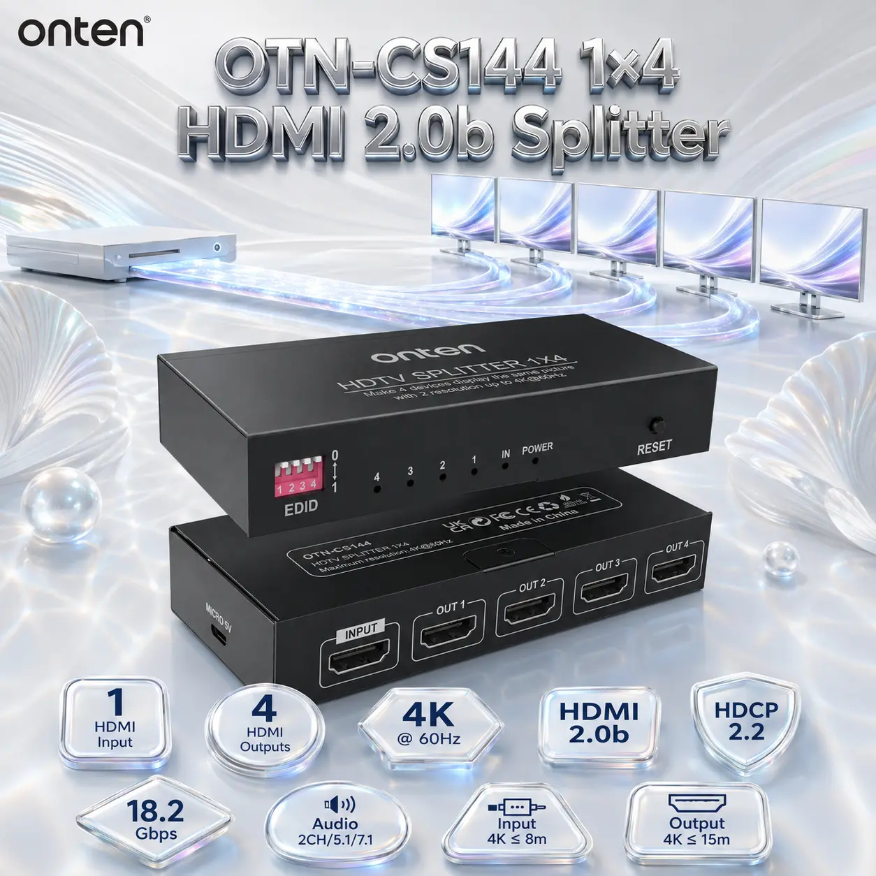 IMG_6a83105909e6a.webp ONTEN OTN-CS144 1×4 HDMI 2.0b Splitter – 1 HDMI Input, 4 HDMI Outputs, 4K@60Hz, HDCP 2.2, 18.2Gbps, EDID Control & Multi-Channel Audio Support - Image 1